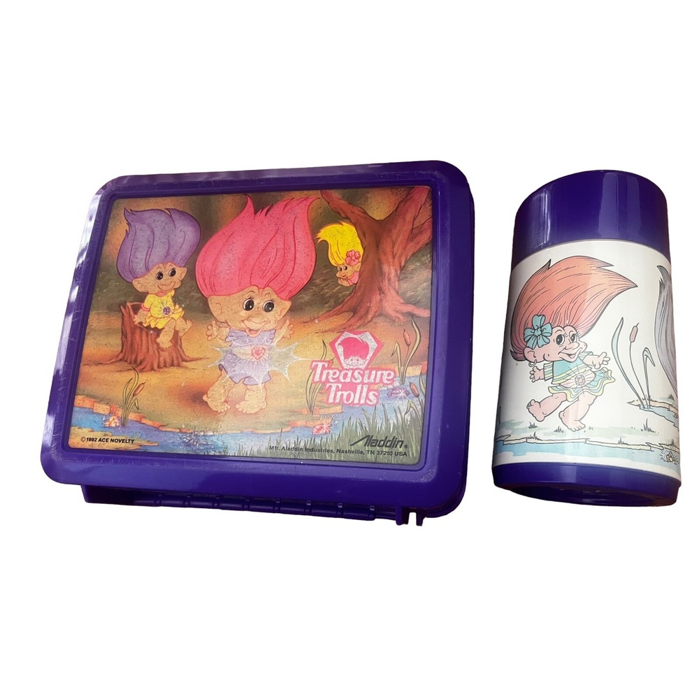 VINTAGE ALADDIN 1992 ACE NOVELTY TREASURE TROLLS DOLL LUNCHBOX & THERMOS
